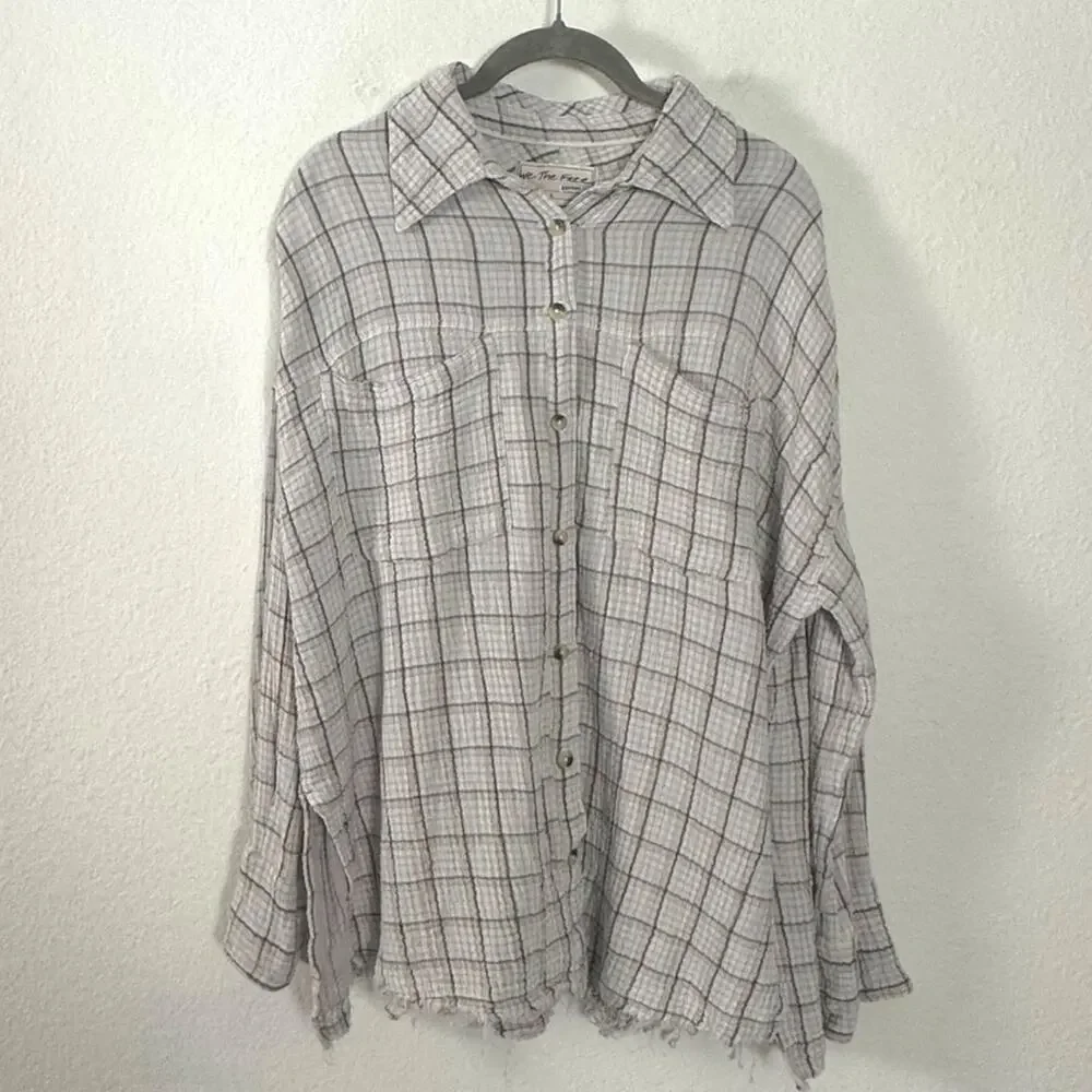 Free People Oversized Bohemian Grunge 90s Fall Cardiff Plaid Top Shirt Large - Picture 5 of 10
